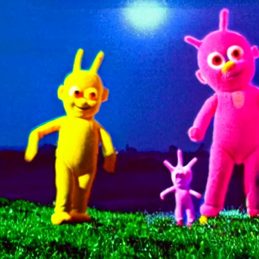 Image similar to photograph of slenderman standing behind some teletubbies, waving its arm, cinematic shot, backlighted