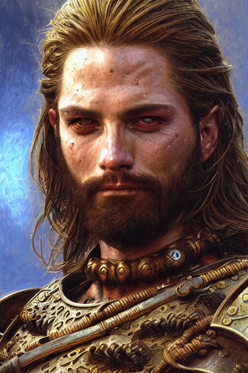 Image similar to head and shoulders portrait of a warrior, male, breastplate, magical, high fantasy, d & d, by donato giancola, face details, extremely detailed, digital illustration