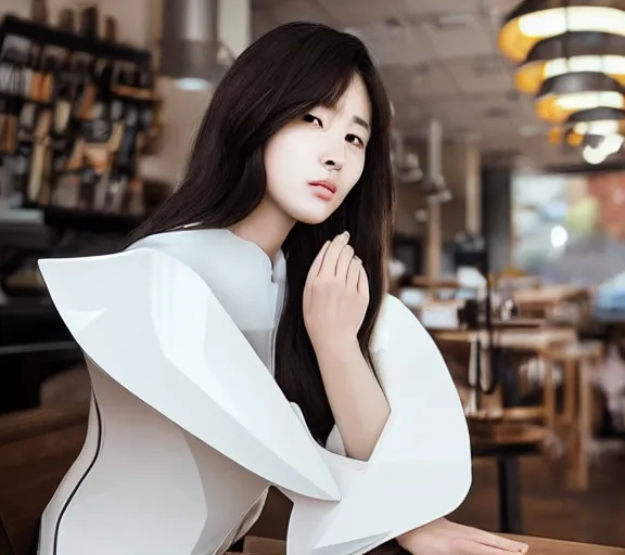 Prompt: stunning young adult korean woman in a coffee shop wearing low poly, glossy white armor, mark arian