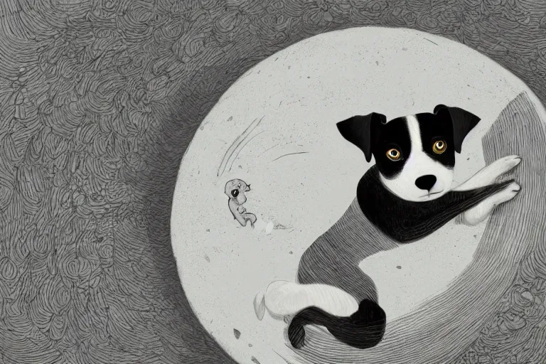 Image similar to cute black and white jack russel terrier laying on dog bed, large round eyes, concept art, matte painting, fantasy illustration, by victo ngai and diego gisbert llorens