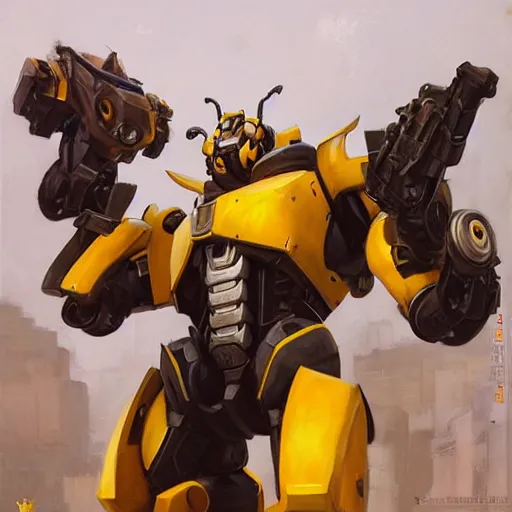 Image similar to greg manchess portrait painting of bumblebee the transformer as overwatch character, medium shot, asymmetrical, profile picture, organic painting, sunny day, matte painting, bold shapes, hard edges, street art, trending on artstation, by huang guangjian, gil elvgren, ruan jia, greg rutkowski, gaston bussiere