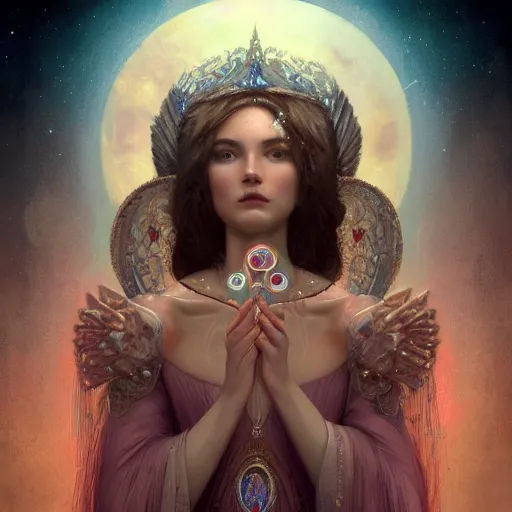 Image similar to A beautiful digital painting of a female Seraphim full of jewels, princess, the moon behind her, intricate, cinematic lighting, highly detailed, digital painting, Artstation, concept art, smooth, sharp focus, illustration, art by Tom Bagshaw, Artgerm and Greg Rutkowski