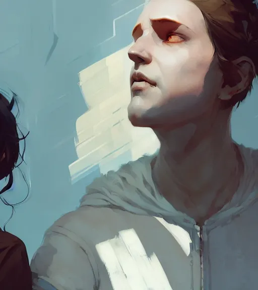 Image similar to portrait of anders from dragon age hugging a beautiful woman by atey ghailan, by greg rutkowski, by greg tocchini, by james gilleard, by joe fenton, by kaethe butcher, dynamic lighting, gradient light blue, brown, blonde cream and white color scheme, grunge aesthetic