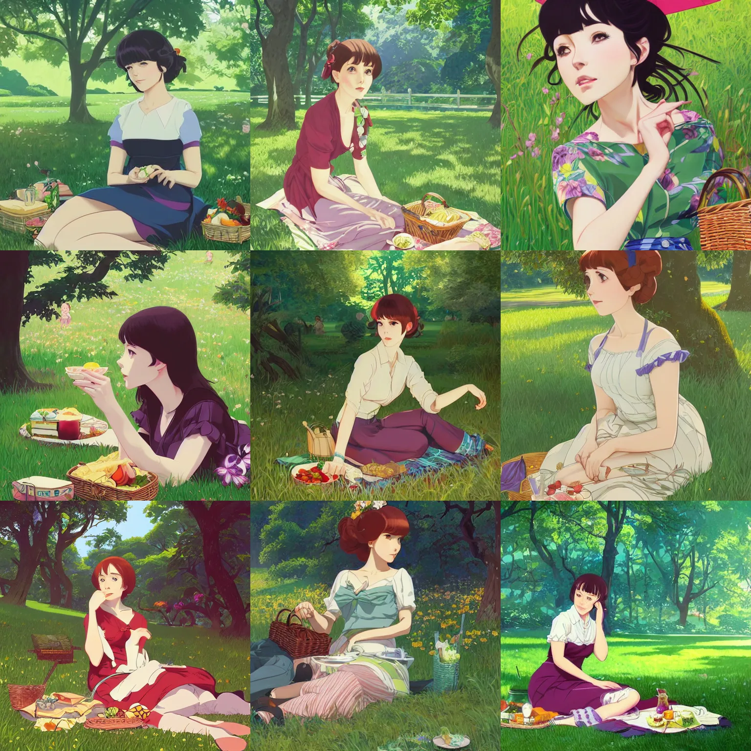 Prompt: portrait of a woman having a picnic in a lush park, ilya kuvshinov face, highly detailed, cel shading, digital painting, kyoto animation key visual, in the style of hayao miyazaki and alphonse mucha