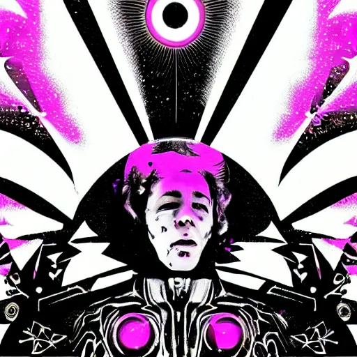 Prompt: album cover, space, magic, new age, black, white, pink, psychedelic, allred mike