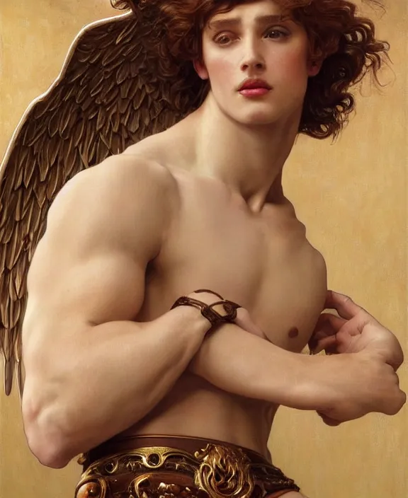 Image similar to a detailed hyperrealistic renaissance male angel wearing an intricate leather garters set, honey birdette, realistic renaissance portrait, highly detailed, digital painting, artstation, concept art, smooth, sharp focus, cinematic lighting, art by artgerm and wlop and alphonse mucha and jacques louis david and john william godward