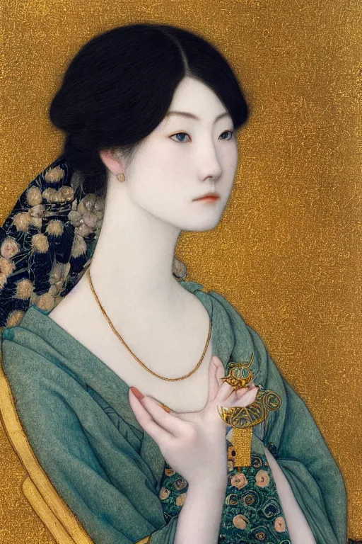 Prompt: Portrait of a Beautiful Japanese female, sad green eyes, pale skin, elegant, jewellery, digital painting, Pre-Raphaelites, highly detailed, concept art, smooth, sharp focus, gold and indigo, illustration, art by Klimt .