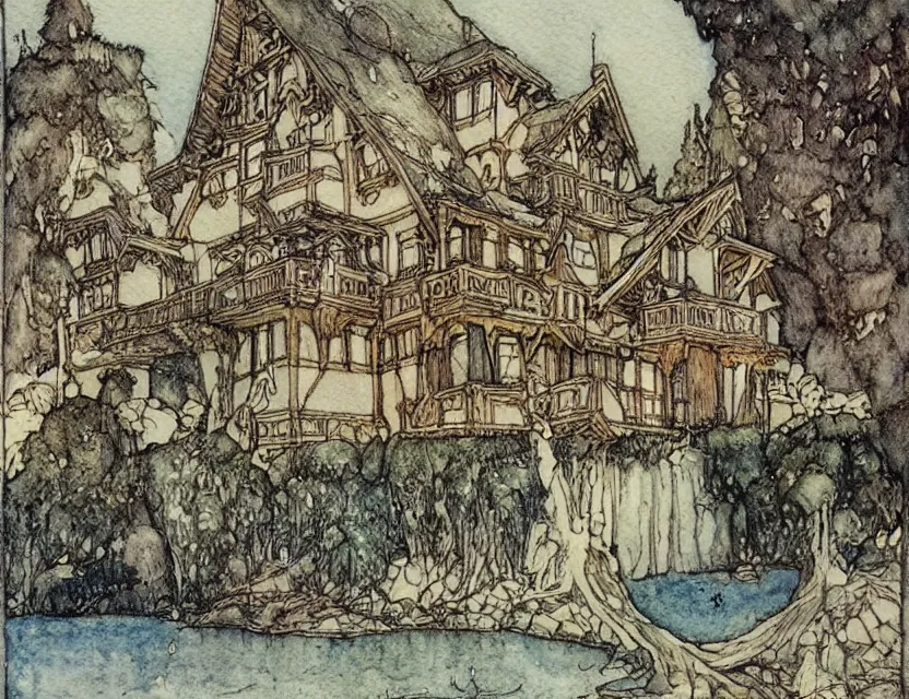 Image similar to a detailed, intricate watercolor and ink illustration with fine lines of the view from the river of an art nouveau swiss chalet, by arthur rackham and edmund dulac and lisbeth zwerger