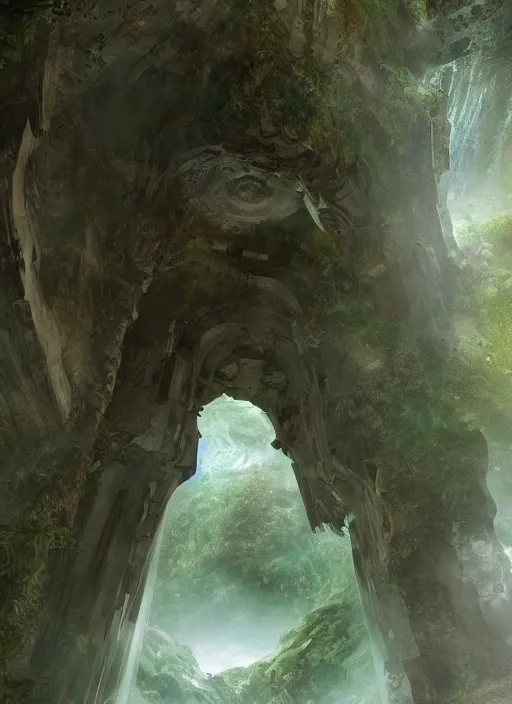 Prompt: concept art, an explorer lookup up at a giant arched doorway made of green marble, deep underground waterfalls, beautiful matte painting, ultra detailed, 8 k render