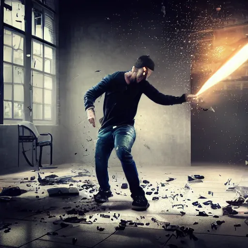 Prompt: incredible cinematic image of young angry man fighting to himself while breaking a large mirror, debris everywhere, studio shot, dynamic lighting, high definition, highly detailed, photo-realistic, unreal engine render, 16k