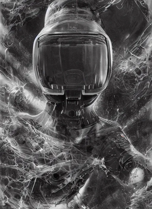 Prompt: astronauts in dark and empty void underwater - complex and hyperdetailed technical suit. reflection and dispersion materials. rays and dispersion of light. volumetric light. 5 0 mm, f / 3 2. noise film photo. flash photography. ultra realistic, wide angle. poster by wayne barlowe, hajime sorayama aaron horkey, craig mullins. polaroid.