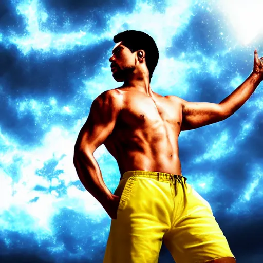 Prompt: A handsome Latino god floating with his arms up, his eyes glowing yellow, casually dressed, his head glowing blue ominously. Shot from below, photorealistic, ominous and apocalyptic dark sky.