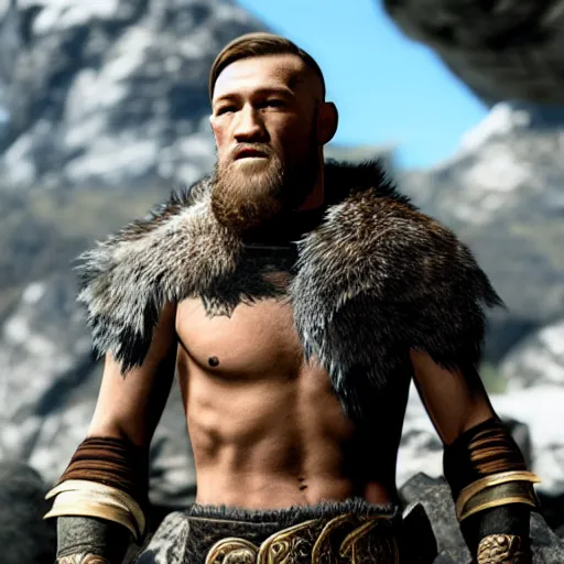 Image similar to character screenshot of conor mcgregor in skyrim, female armor, npc talking, wilderness, 1 0 8 0 p, bokeh, elder scrolls v, detailed, dialog text