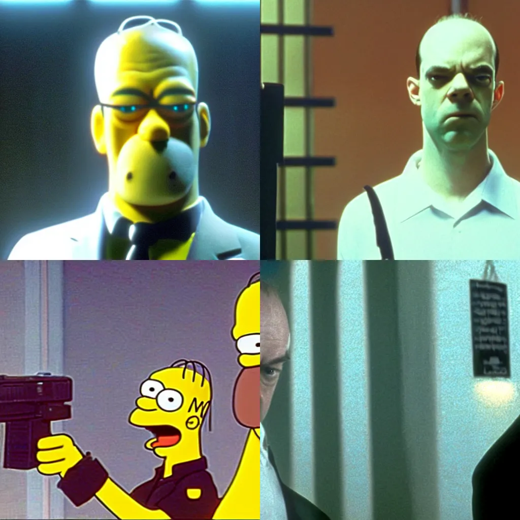 Prompt: a still image of homer simpson as agent smith in matrix ( 1 9 9 9 )