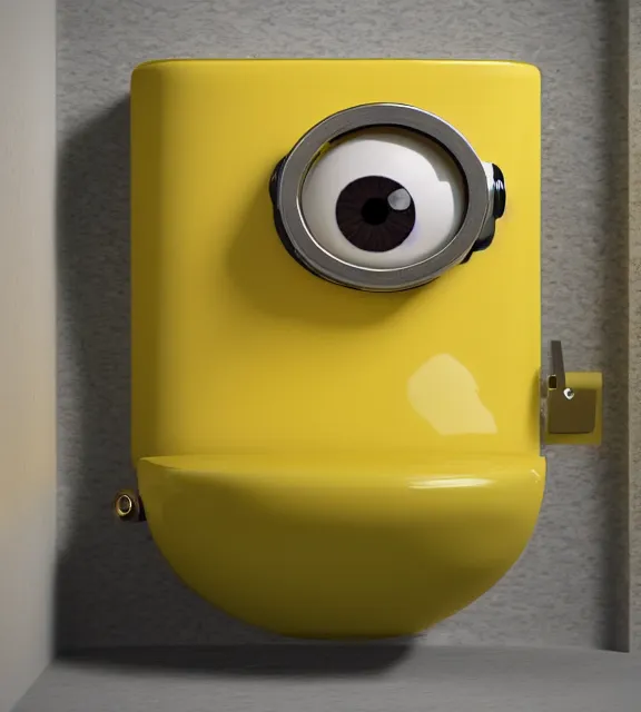 Prompt: a 4 k photorealistic photo of a minion, yellow and blue themed toilet.