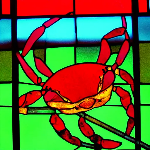 Prompt: stained glass art of a crab smoking a cigarette