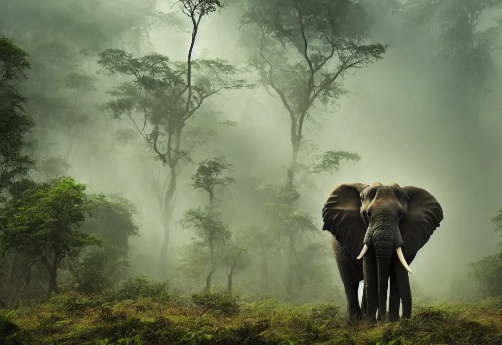 Prompt: an enormous elephant king, in a jungle with ominous light from above, ambient light, fog, river, very poetic