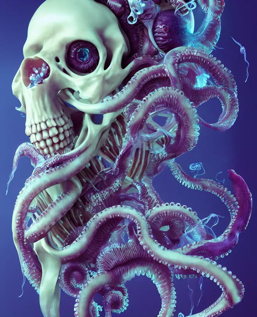 Image similar to goddess close - up portrait human skeleton, ram skull, octopus, jellyfish, orchid, betta fish, bioluminiscent, intricate artwork by tooth wu and wlop and beeple. octane render, trending on artstation, greg rutkowski very coherent symmetrical artwork. cinematic, hyper realism, high detail, octane render, 8 k