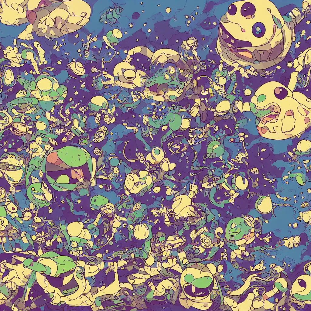 Image similar to toads, deconstructed amphibian, ryuta ueda artwork, breakcore, style of jet set radio, y 2 k, gloom, space, cel - shaded art style, indigo rainbow, data, minimal, takashi murakami artwork, code, cybernetic, dark, eerie, cyber