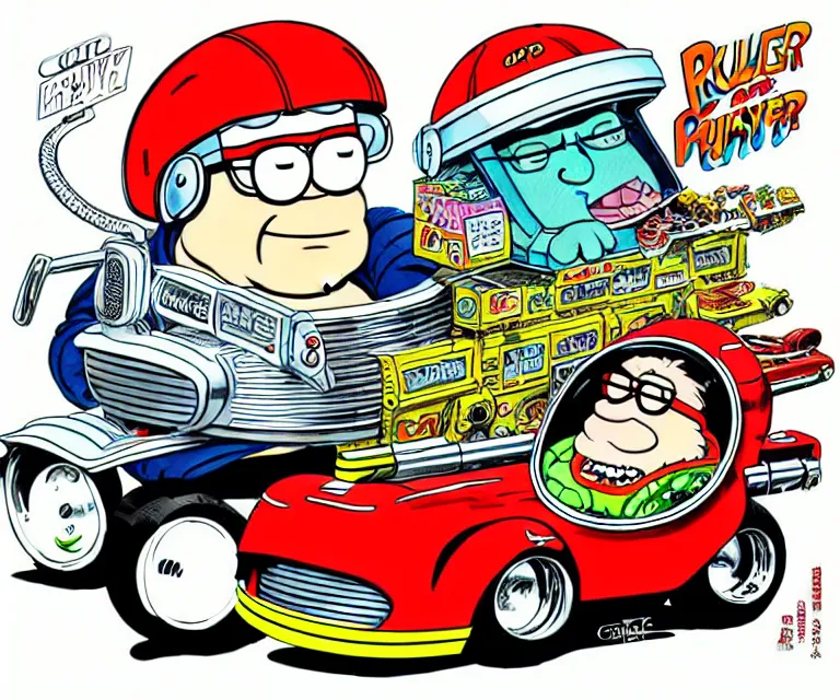 Prompt: cute and funny, peter griffin, wearing a helmet, driving a hotrod, oversized enginee, ratfink style by ed roth, centered award winning watercolor pen illustration, isometric illustration by chihiro iwasaki, the artwork of r. crumb and his cheap suit, cult - classic - comic,