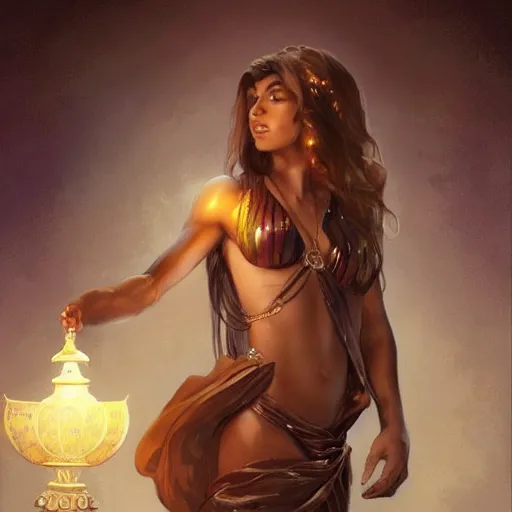 Image similar to a young female brown skinned brown haired genie, with abs, emerging from a lamp intricate, elegant, highly detailed, digital painting, artstation, concept art, smooth, sharp focus, illustration, art by artgerm and greg rutkowski and alphonse mucha