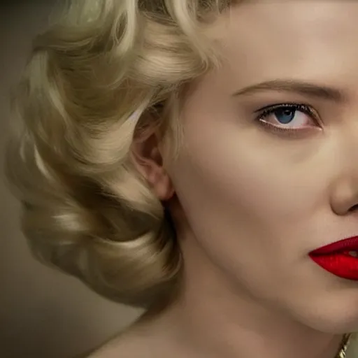 Image similar to stunning awe inspiring scarlett johansen as marilyn monroe, movie still 8 k hdr atmospheric lighting