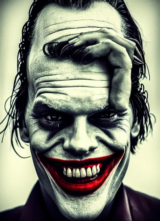 Prompt: photo of Bill Skarsgard as the Joker by Eolo Perfido and Lee Jeffries, big smile, head shot, detailed, award winning, Sony a7R