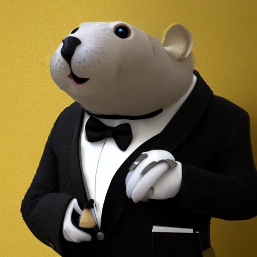 Image similar to marmot in a tuxedo while holding a pencil looks to the camera, digital art, 3 d rendered in octane, blender, maya, shadows, lighting, cute