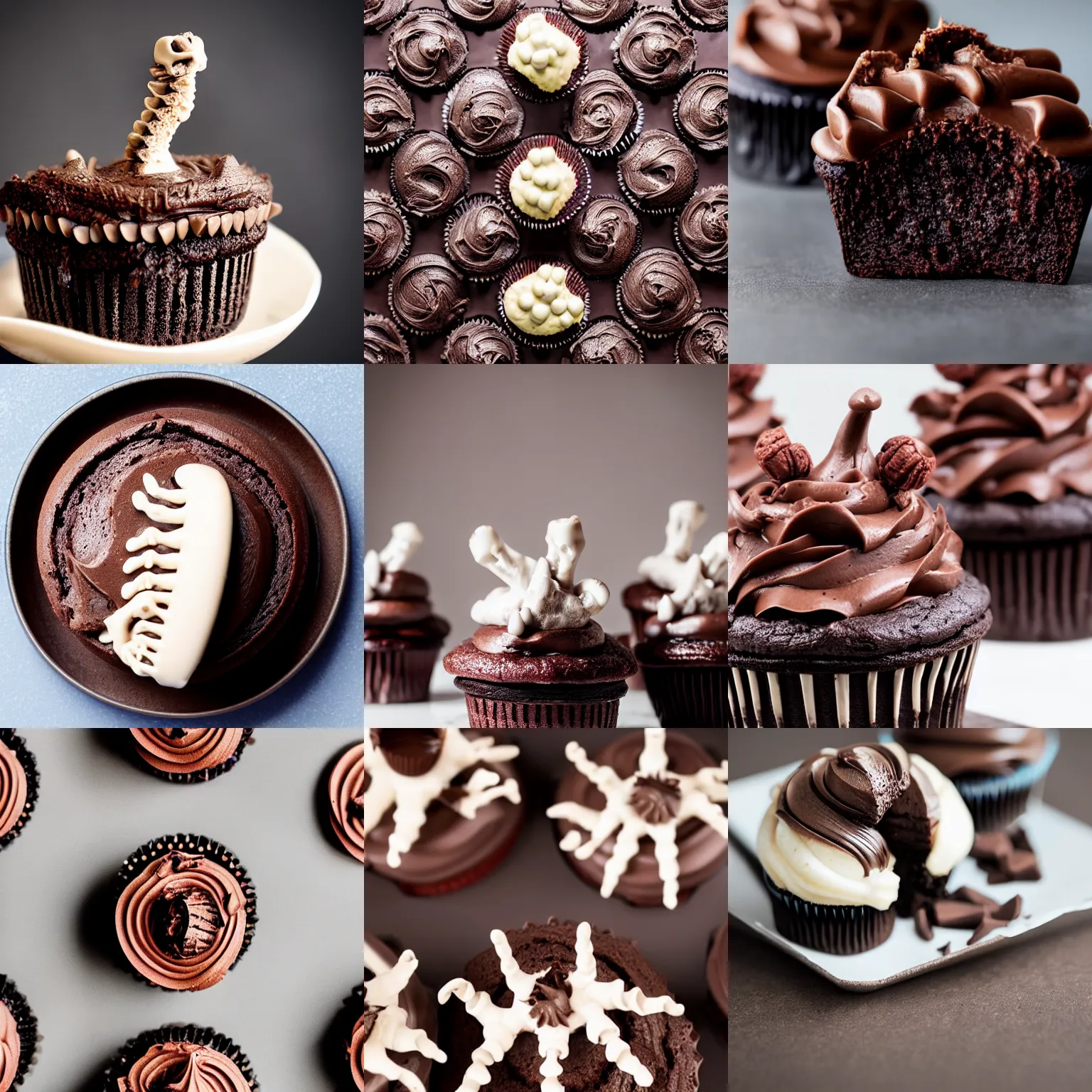 Prompt: a bone creature spine emerging from a chocolate cupcake, professional food photography