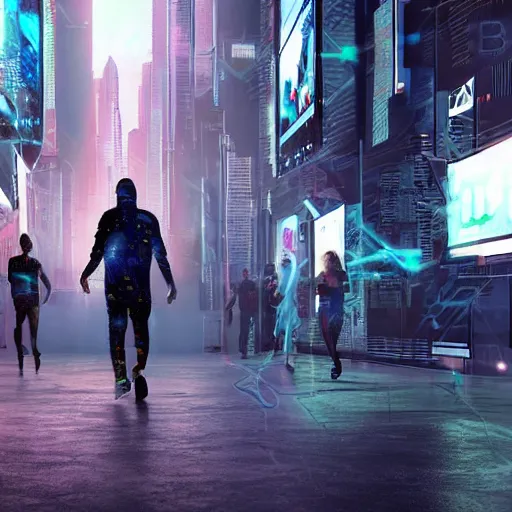 Image similar to people running away from cryptocurrency scared, cyberpunk art, ultrarealistic, 8k