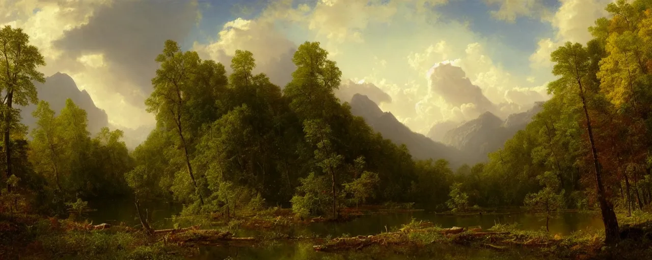 Image similar to beautiful forest scenery, distant mountains, river flowing through the verdant underbrush, distant clouds, cloud shadow, late autumn, painting by albert bierstadt and thomas cole