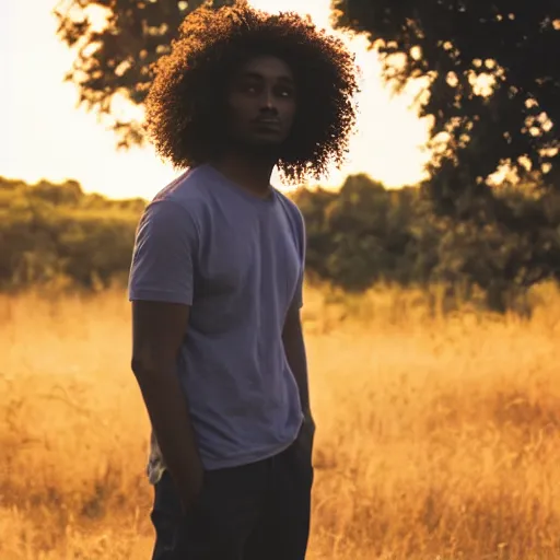 Image similar to dark skin man with curly hair, standing alone in nature, sunset, backlit, contemplative, dreamy, pastel colors, youthful, fairylike