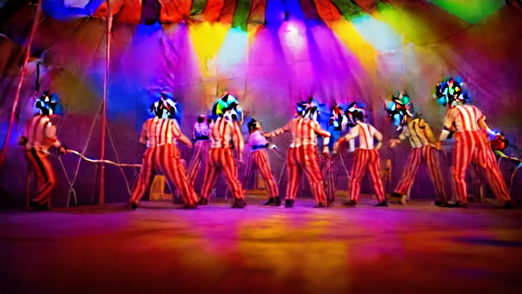 Image similar to of a gang of circus clowns, drinking alcohol, inside a circus tent, 4K