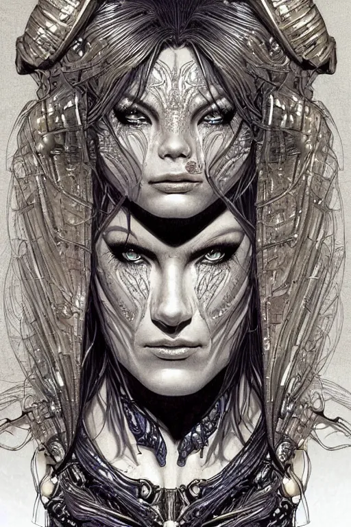 Prompt: beautiful and exotic and other-worldly alien queen bust portrait, sparkling eyes + frontal declotage with thick flowing hair, perfectly symmetrical facial features and muscle anatomy, ultradetailed art and illustration by bill sienkiewicz and chris bachalo and travis charest and chris achilleos, fantasy, intricate complexity, scientific human structure, accurate human anatomy, fantasy character concept, mixed media, watercolor, bleed, hyperrealism 8k