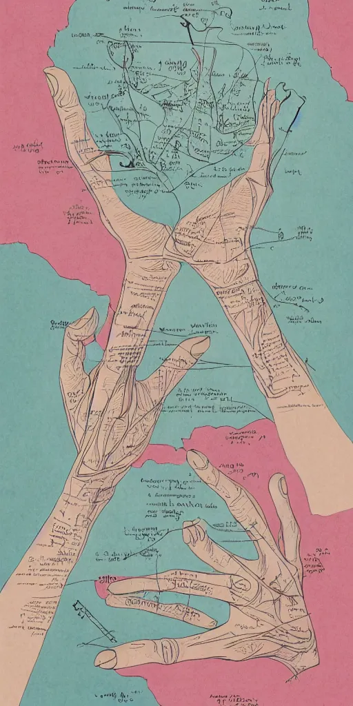 Image similar to anatomy of a hands, diagrams, map, marginalia, sketchbook, old script, inhabited initials, pastel infographic by Wes Anderson and victo ngai