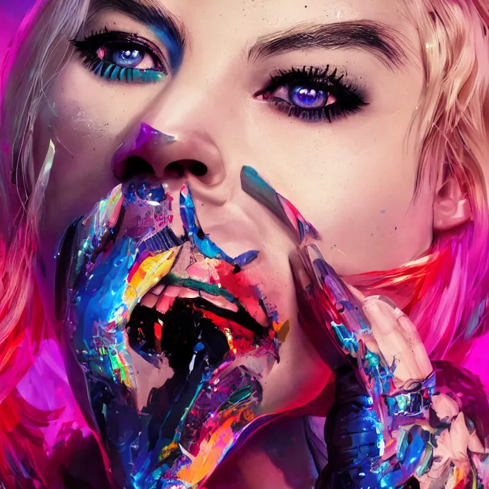 Prompt: portrait of Margot Robbie as a harley quinn. intricate abstract. intricate artwork. by Tooth Wu, wlop, beeple, dan mumford. octane render, trending on artstation, greg rutkowski very coherent symmetrical artwork. cinematic, hyper realism, high detail, octane render, 8k, iridescent accents