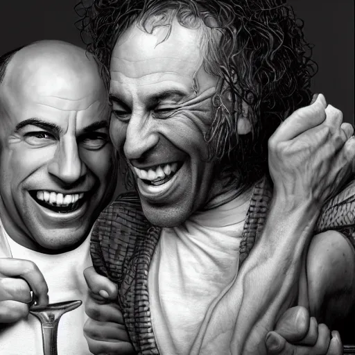 Image similar to Joe Rogan and Howard Stern laughing portrait, intricate, highly detailed, concept art, smooth, sharp focus, illustration, medium shot, mid-shot