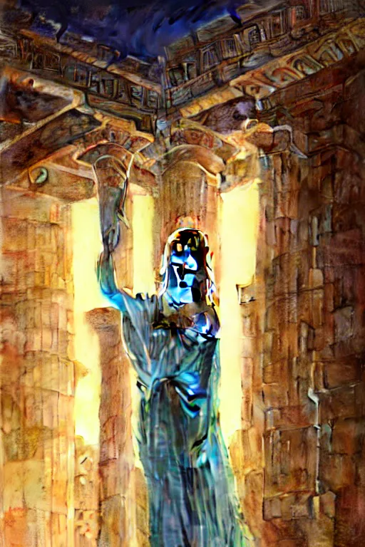 Image similar to high detail portrait of a possessed woman wearing an ancient greek tunic made of yellow paper, stephen bliss, fantasy art by greg rutkowski, rhads, ferdinand knab, makoto shinkai and lois van baarle, ilya kuvshinov, rossdraws, tom bagshaw, global illumination, radiant light, ancient greek temple ruins, green blue color theme