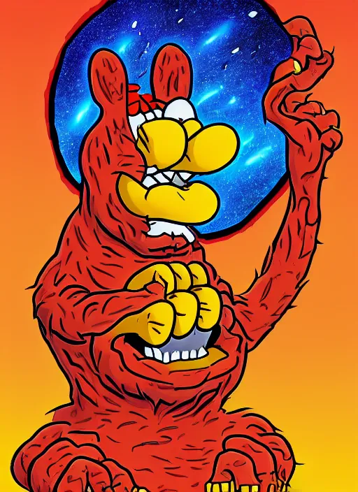 Prompt: a cosmic horror garfield with razor sharp teeth, red eyes, red teeth, digital art, lineart, im sorry john