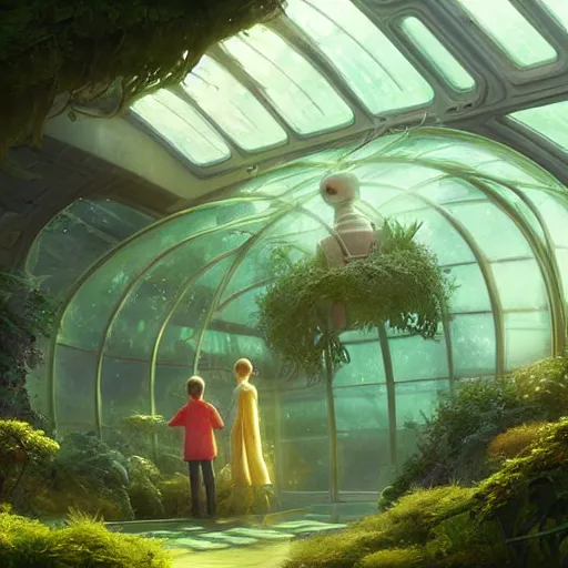 Image similar to , boy and grandma in sci - fi green house, spaceship, plants, stephen bliss, misty, unreal engine, pixar, fantasy art by greg rutkowski, loish, ferdinand knab, and lois van rossdraws, global illumination, radiant light, minimalist, detailed and intricate environment