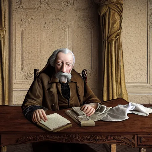 Prompt: An extremely detailed render of a 200 years old man with very old clothes, sitting at his Louis XIV desk, with very old curtains in the room, very old room. The very very very old man has a 1880 phone on his desk. Dust in the air, god rays, raytracing shadows, ambient occlusion, 8K, RTX 3090, trending on artstation, lumens