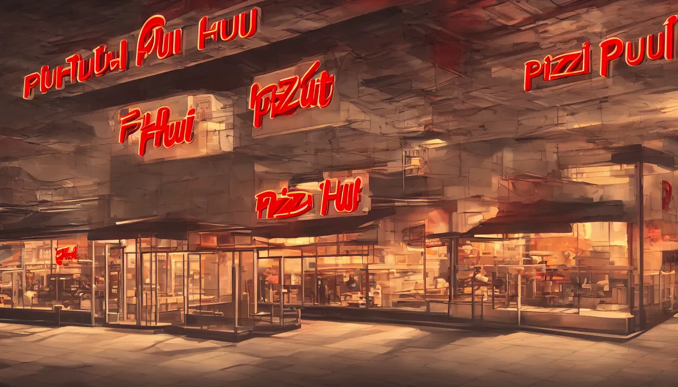 Prompt: futuristic Pizza Hut at night, photorealistic, cinematic