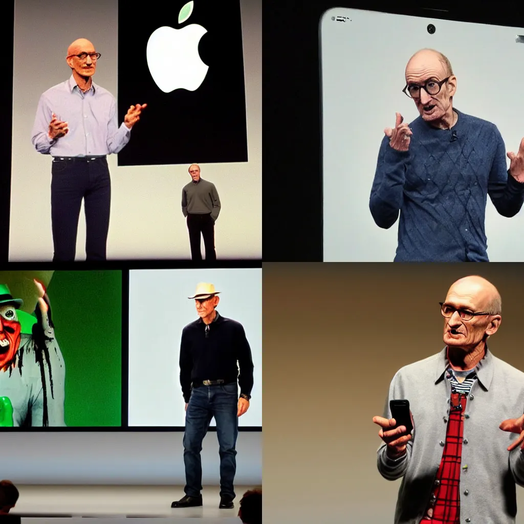 Prompt: Freddy Krueger as CEO of Apple giving a speech to an audience