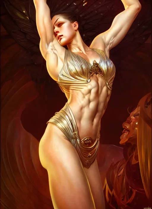 Prompt: muscular goddess dancer of the underworld, severe expression, crooked nose, shiny, intricate, elegant, highly detailed, ultra definition, digital painting, artstation, vray, concept art, smooth, high speed photography, illustration, art by artgerm and greg rutkowski and alphonse mucha and james jean