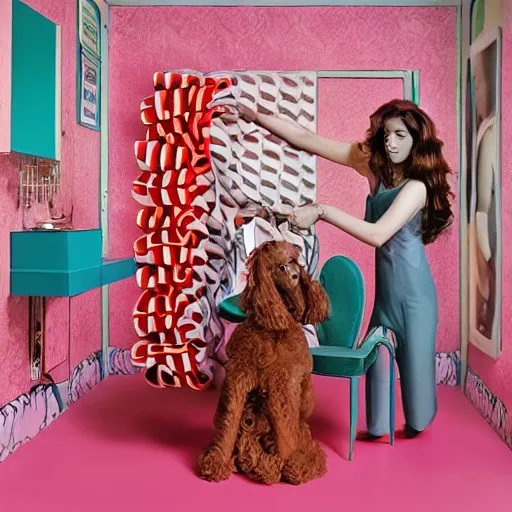 Prompt: a studio portrait of a beautiful fashion model that is curling her hair and hir dogs in the curls. surreal photograph, toiletpaper magazine, 3 5 mm photograph, colourful, by pierpaolo ferrari, maurizio cattelan, sandy skoglund