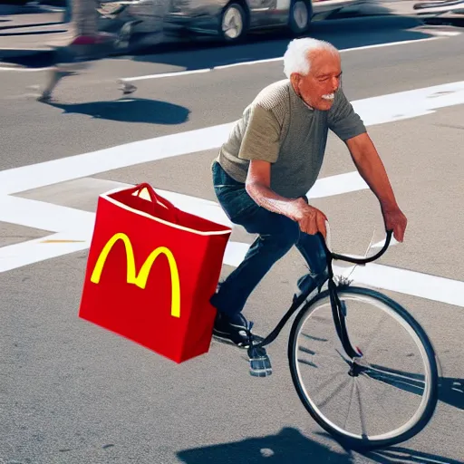 Prompt: a old man riding a bicycle in los angeles carrying a bag of mcdonalds, photorealistic