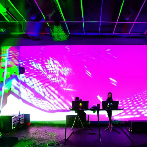 Image similar to live coding duo on a neon lit stage with code projected behind their back, rave scene, underground Berlin, press photography