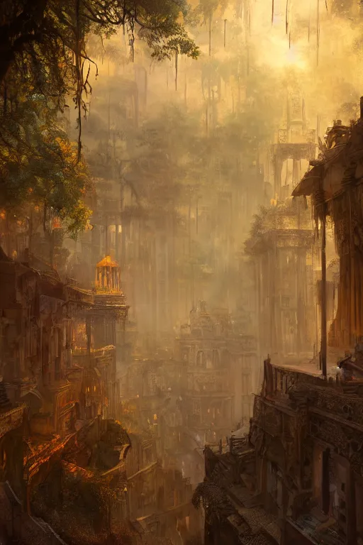 Image similar to old aztec city of gold in the middle of the forest, intricate, elegant, volumetric lighting, digital painting, highly detailed, artstation, sharp focus, illustration, concept art, ruan jia, steve mccurry