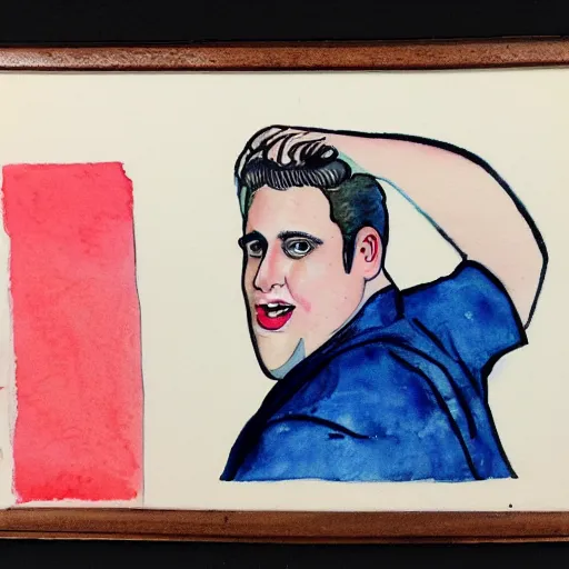 Image similar to jonah hill, stylized. Watercolor and ink. 1950s.