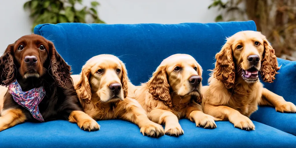 Prompt: a cute spaniel, Labrador and golden retriever spread out on a plush blue sofa. Award winning photograph, soft focus, depth of field, rule of thirds, golden hour